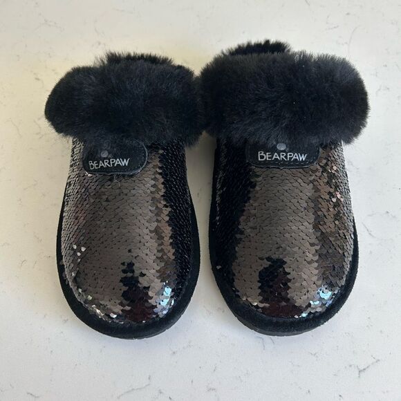 Bear paw Loki Exotic Black Sequin Slippers, Size 6, NWOT - Picture 2 of 12